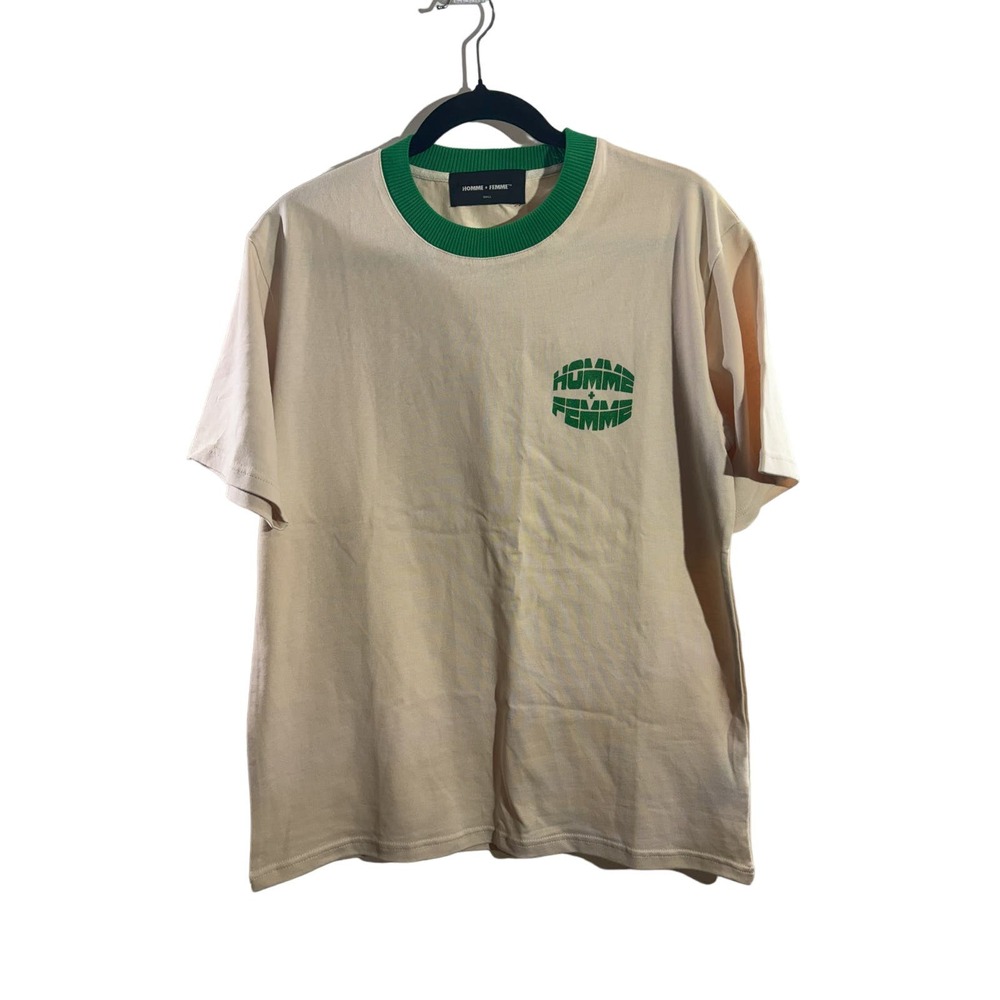 Homme Femme‎ T-Shirt Crew Neck Biege/Green Size S NWOT